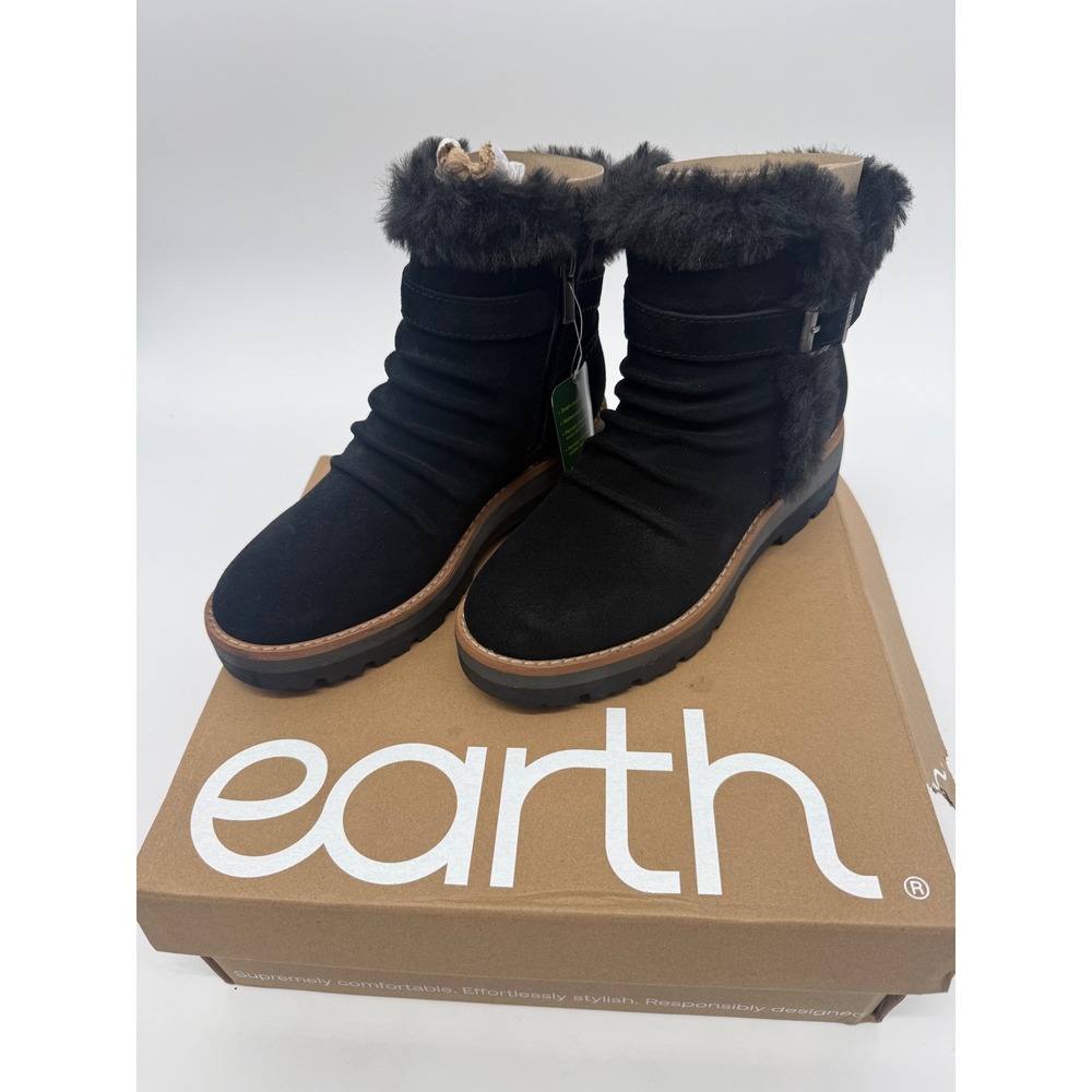 Earth Yara Women Black Waterproof Leather Faux Fur Ankle Boots Size 6M Rugged